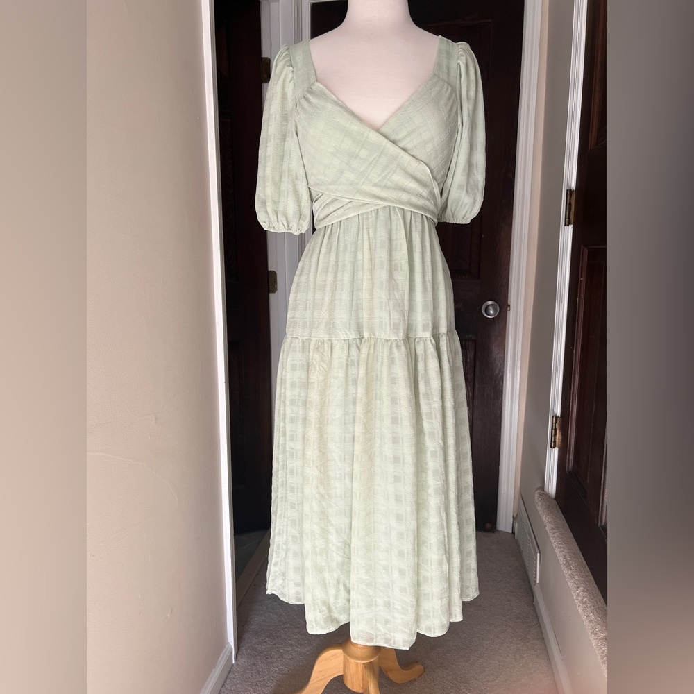 Lulu's Soft Green Pattern Checkered Midi Dress
